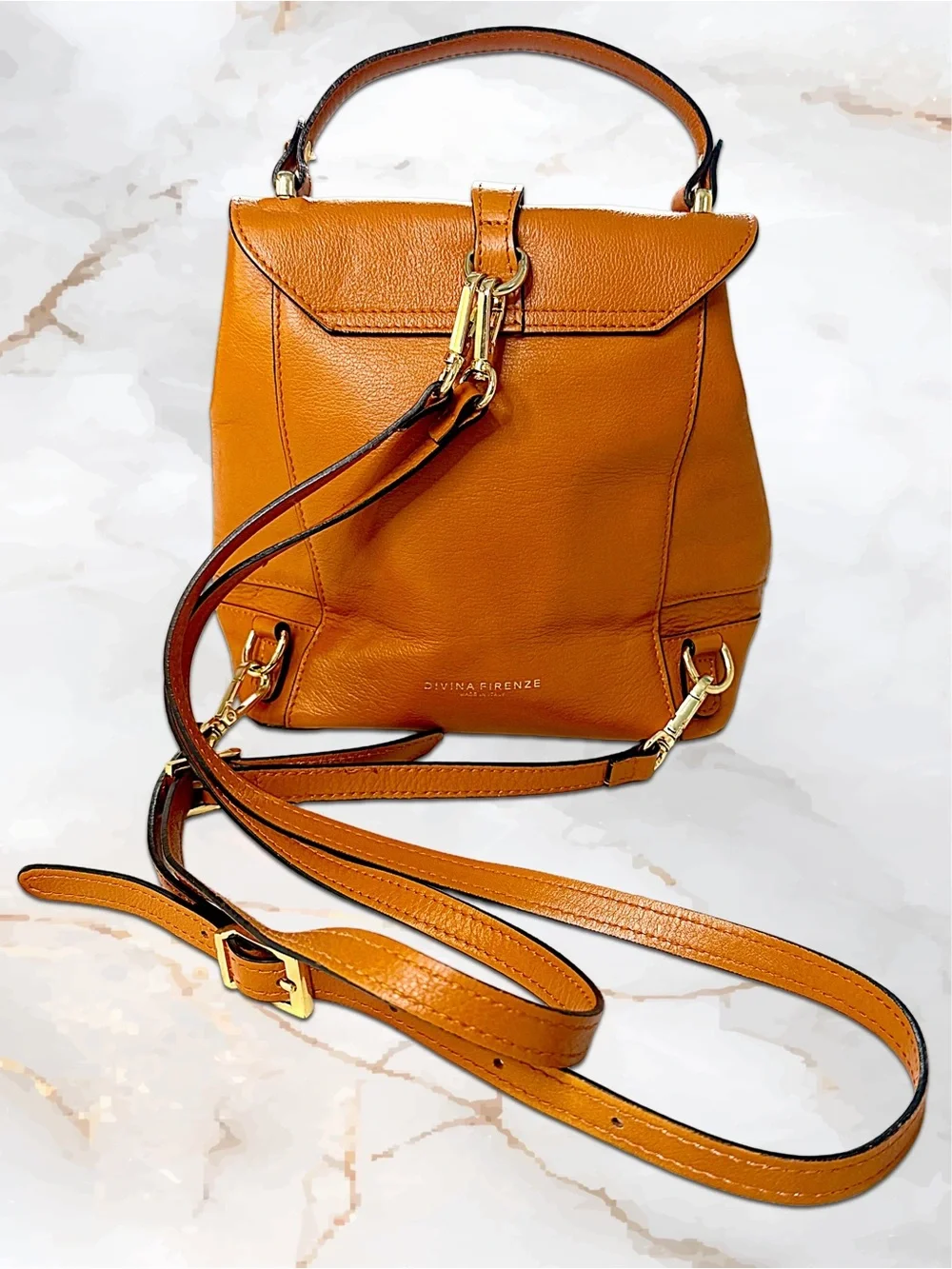 Divina Firenze Italy 3 Way Convertible Leather Backpack Crossbody EUC Cognac Tan